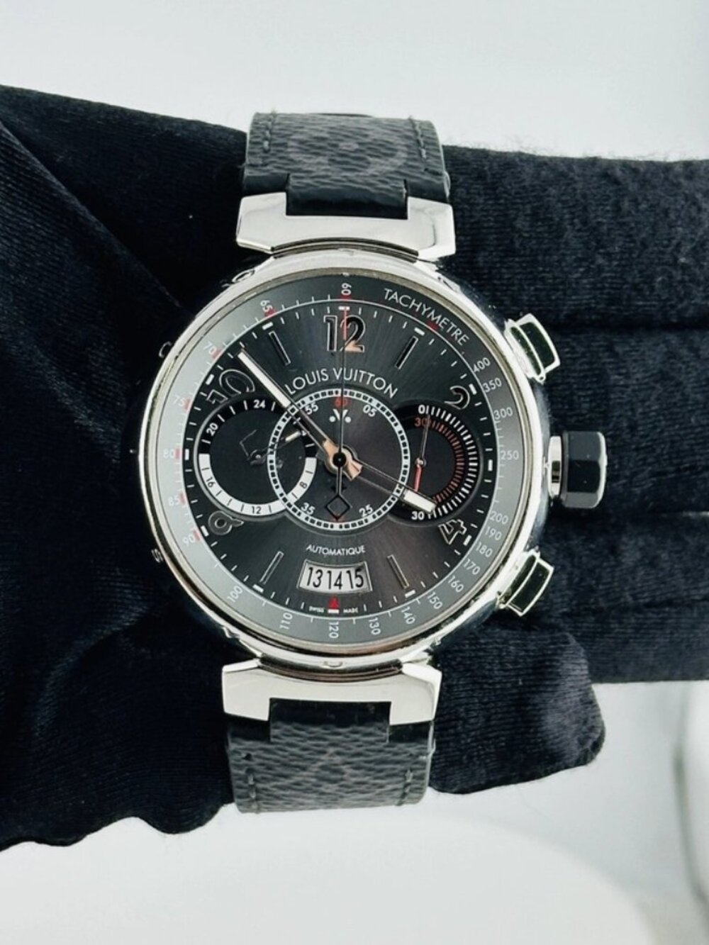 Louis Vuitton Tambour Voyage Slate Grey Dial on Leather Strap Ref Q102N